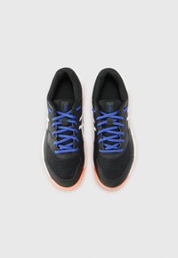 Black athletic shoes with mesh and synthetic upper, blue laces, white logo accents, and a contrasting orange outsole.
