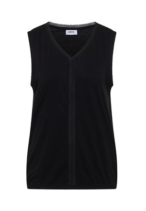 Top noir sans manches à col en V avec un détail de couture verticale au centre devant, en tissu léger, étiquette "CECIL" à l'intérieur du col.