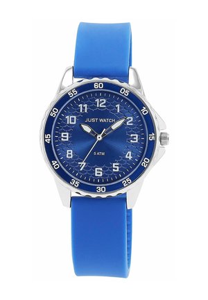 Blaue Silikonarmbanduhr mit einem Gehäuse aus silbernem Edelstahl, blauer Zifferblatt, weißen Stundenmarkierungen und einer 5 ATM Wasserdichtigkeitskennzeichnung.