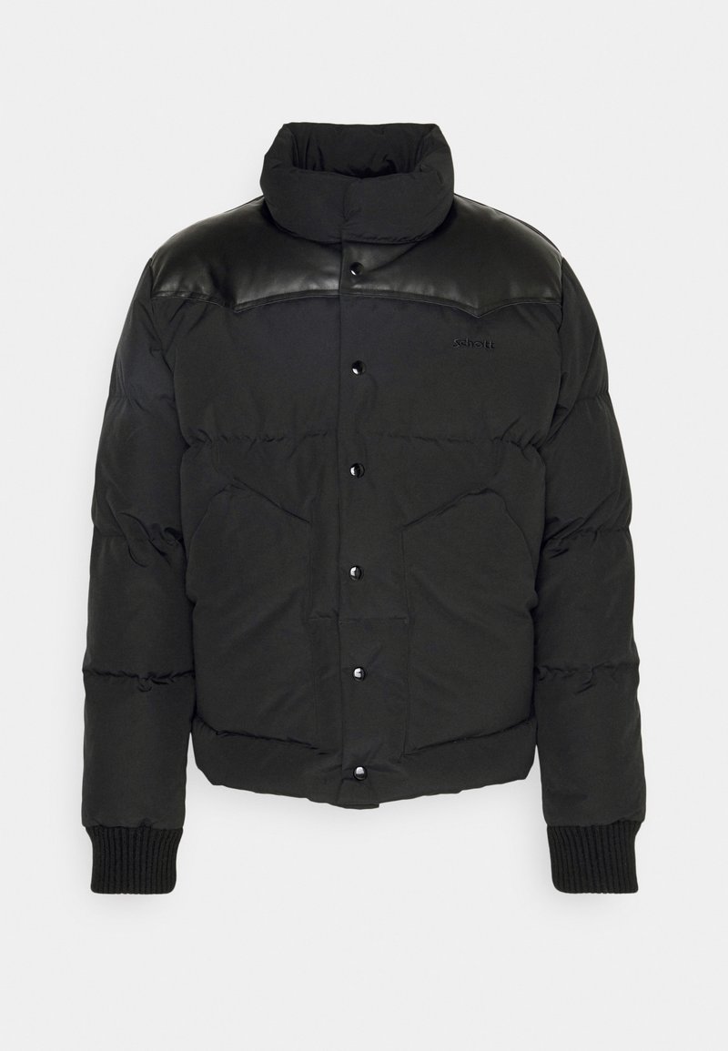Giubbotto invernale nero con collo alto, dettagli in pelle sulle spalle, chiusura a bottoni a pressione e polsini a coste. Tessuto liscio con design trapuntato.