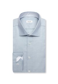 Chemise habillée texturée bleu clair pour homme avec col et poignets intérieurs à motifs, pliée avec boutons visibles et étiquette de marque seidensticker.