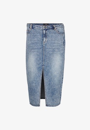 Mėlynas džinsinis sijonas iki kelių su priekinėmis plyšio detalėmis, klasikinio penkių kišenių dizainu ir matomais siūlės siūlais.