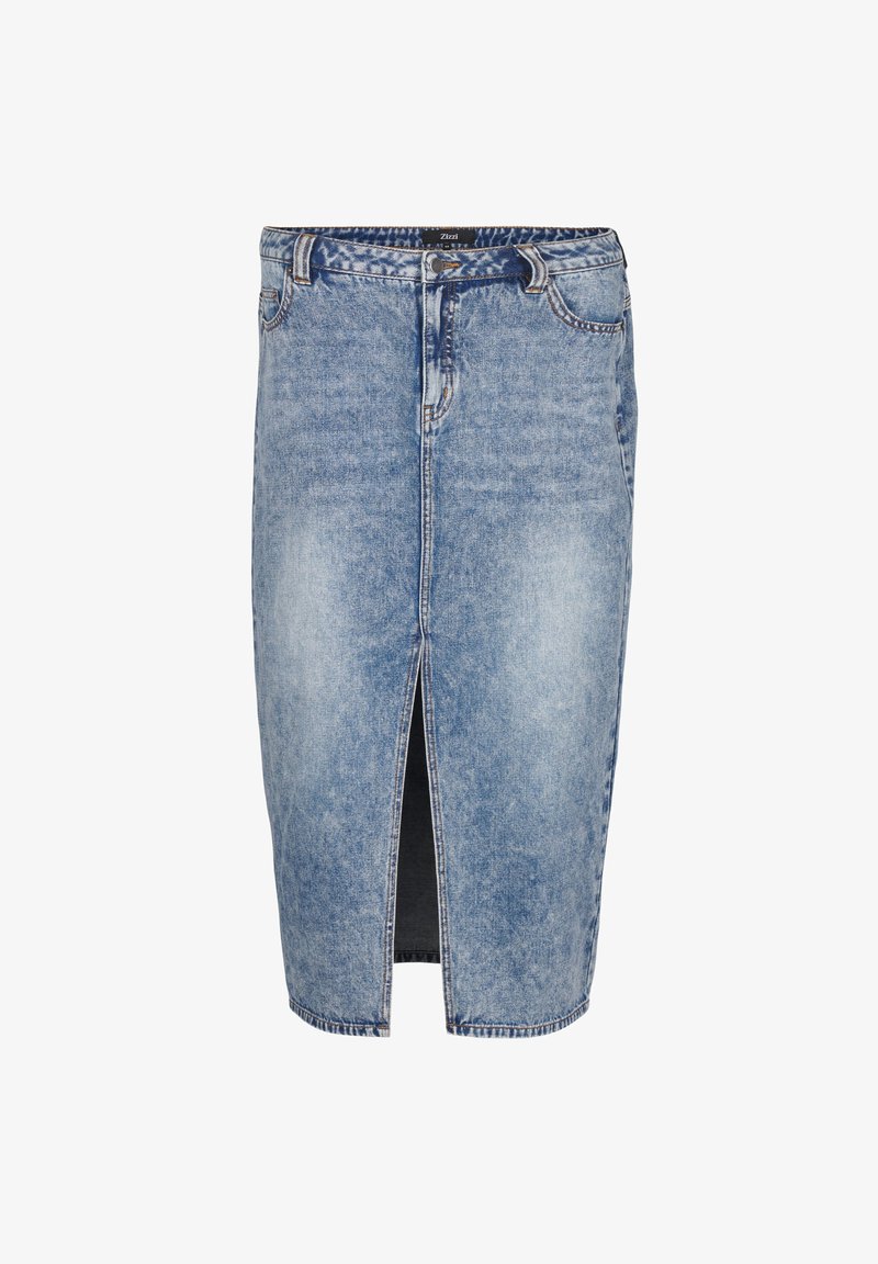 Modra denim krila do kolen z razporkom spredaj, klasičnim pet-pocket dizajnom in vidnimi šivi ob šivih.