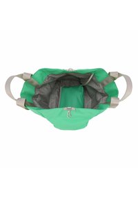 Borsa tote verde con un esterno morbido, manici beige, ampia apertura e un interno grigio a motivo con una tasca con zip.