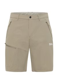 Shorts d'extérieur beiges en tissu léger. Dotés de deux poches latérales zippées et d'un logo à l'avant droit. Texture lisse.