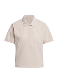 Ljust beige kortärmad skjorta med krage, dragkedjestängning och två sidofickor. Har en subtil ribbad textur och en liten vit logotyp.