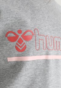 Sudadera gris con un audaz texto gráfico rojo y un logo de abeja, con una tira horizontal rosa claro en la parte inferior.