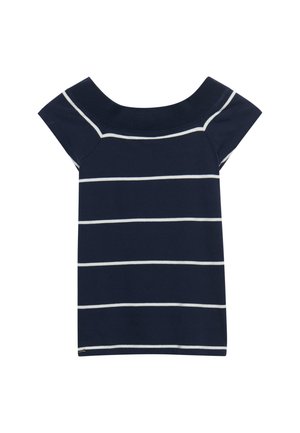Marineblå off-shoulder top med korte ærmer og hvide, vandrette striber jævnt fordelt på stoffet.
