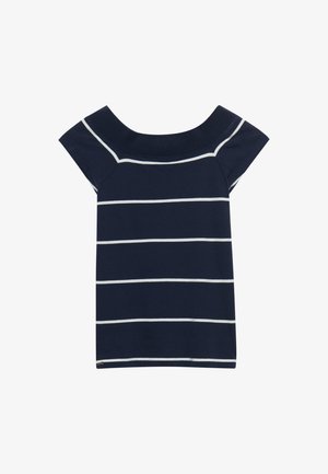 Marineblå off-shoulder top med korte ærmer og hvide, vandrette striber jævnt fordelt på stoffet.
