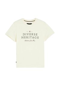Kremowa bawełniana koszulka z krótkim rękawem i okrągłym dekoltem. Na przodzie widnieje grafika z napisem "RÓŻNORODNE DZIEDZICTWO" w ciemnym kolorze.