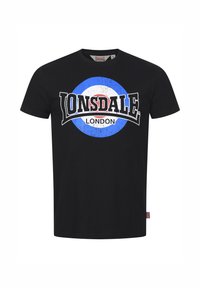 Must must t-särk ümmarguse kaelusega, millel on valge ja sinine ringikujuline graafika ning julge "LONSDALE LONDON" tekst ees.