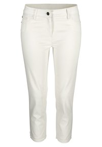 Biele džínsy s rovnými nohavicami, piatimi vreckami, predným zapínaním na gombík a prehnutými manžetami. Hladká textura s kontrastnými švami.