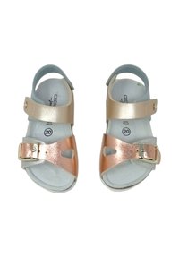 Sandali per bambini in oro metallico e rosa metallico, con una cintura regolabile con fibbia, ritagli e un morbido rivestimento interno. Taglia 20.