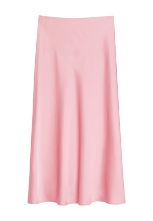 Light pink, knee-length A-line skirt with a smooth, silky texture and subtle draping on a white background.
