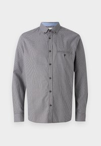 Gray checkered shirt with long sleeves, button-down collar, chest pocket, and contrasting light blue inner collar. Features brown buttons.