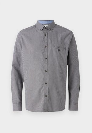 Grijze geblokte overhemd met lange mouwen, button-down kraag, borstzak en contrasterende lichtblauwe binnenkraag. Voorzien van bruine knopen.