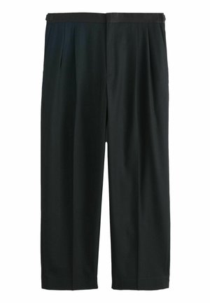 Black wide-leg trousers with pleats at the waist and a matching fabric belt on a flat white background.