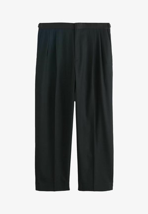 Black wide-leg trousers with pleats at the waist and a matching fabric belt on a flat white background.