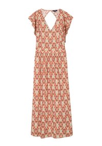 Maxikjol i lätt tyg med ett geometriskt mönster i röd, krämig och svart; har korta flaxande ärmar och en nyckelhål-design bak.