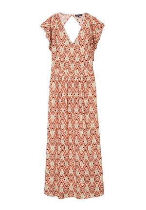 Maxi mekko kevyestä kankaasta, jossa on geometrinen punainen, kerma ja musta kuosi; sisältää lyhyet kellotaskuhihat ja avaimenreikäselkäosion.