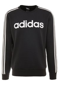 Sweat-shirt noir avec logo "adidas" blanc, col rond côtelé, et manches longues ornées de trois bandes blanches sur chaque manche.