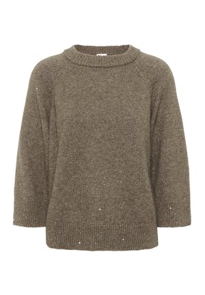 Pull en tricot marron avec un col rond côtelé, coupe ample et motif texturé subtil, présentant de petites accents scintillants disséminés.
