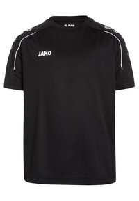 Schwarzes, kurzärmliges Sportshirt aus atmungsaktivem Material. Merkmale des JAKO-Logos auf der Vorderseite und Schulterakzenten mit weißen Piping-Details.
