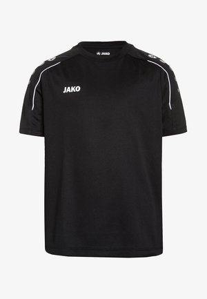 Black short-sleeved athletic shirt made of breathable fabric. Features JAKO logo on front and shoulder accents with white piping detail.