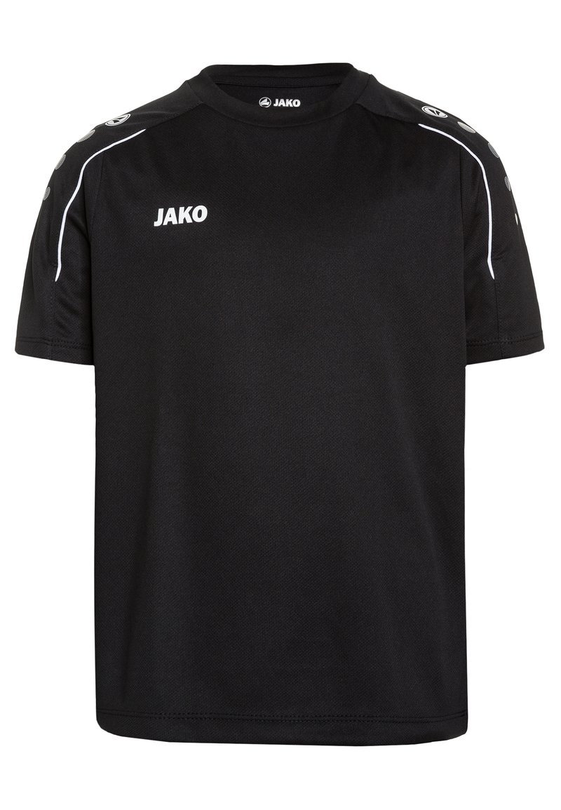 Schwarzes, kurzärmliges Sportshirt aus atmungsaktivem Material. Merkmale des JAKO-Logos auf der Vorderseite und Schulterakzenten mit weißen Piping-Details.