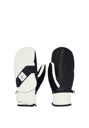 Paar schwarz-weiße Winterfäustlinge mit strukturierter Handfläche, Handgelenkriemen und einem kleinen Logo-Patch auf der Rückseite eines Fäustlings.