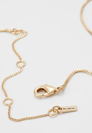 Delicate gouden ketting met karabijnsluiting en een klein rechthoekig label met de gravure "PILGRIM" op een witte achtergrond.