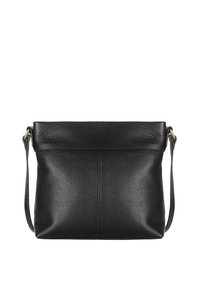 Czarna skórzana torebka crossbody o teksturowanym wykończeniu, prostokątnym kształcie, górnym złożeniu i pojedynczym regulowanym pasku. Posiada akcenty w kolorze złotym.