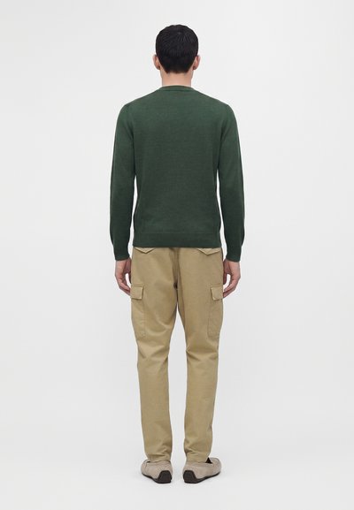 Homme debout de dos, portant un pull à manches longues vert foncé, un pantalon cargo beige et des chaussures marron clair sur un fond uni.