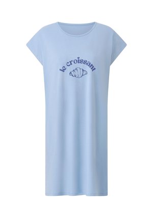 Vestito azzurro a maniche corte con scollo rotondo, con testo blu scuro "le croissant" e una grafica di un croissant sul petto.