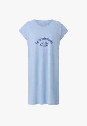 Vestito azzurro a maniche corte con scollo rotondo, con testo blu scuro "le croissant" e una grafica di un croissant sul petto.