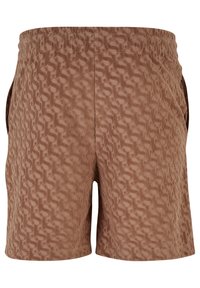 Shorts en tissu brun texturé avec une taille élastique et un motif géométrique subtil, vus de dos.