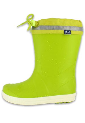 Botte en caoutchouc vert vif avec une finition texturée, semelle blanche et un revers jaune avec cordon de serrage et bande réfléchissante. Design imperméable.