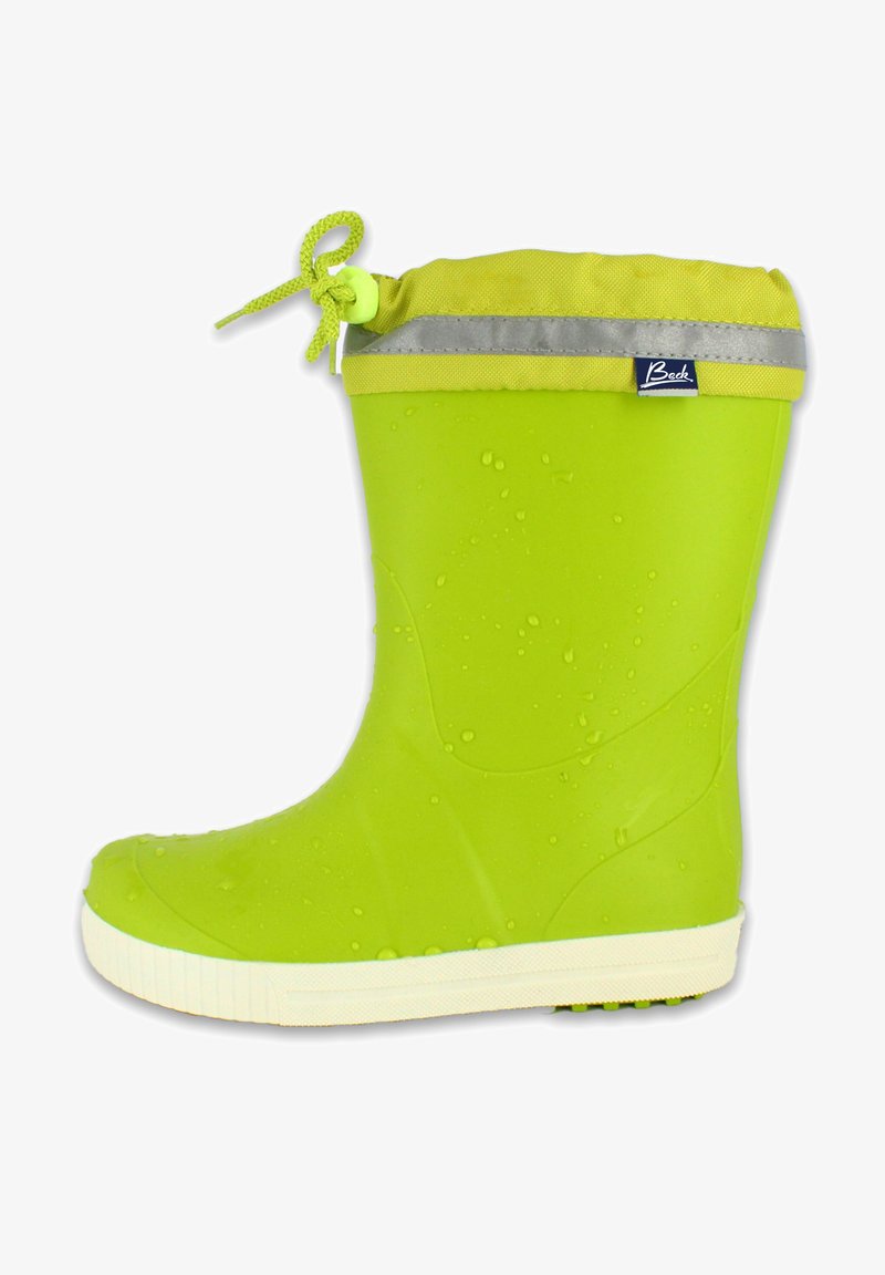 Botte en caoutchouc vert vif avec une finition texturée, semelle blanche et un revers jaune avec cordon de serrage et bande réfléchissante. Design imperméable.
