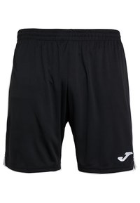 Mustat urheilushortsit, jotka on valmistettu kevyestä kankaasta. Niissä on joustava vyötärönauha, sivutaskut ja valkoinen logo vasemmassa alaosassa.