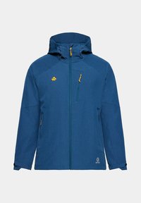 Niebieska kurtka z kapturem, wykonana z teksturowanej tkaniny. Posiada żółte akcenty, zamek z przodu oraz kieszenie boczne na zamek błyskawiczny.