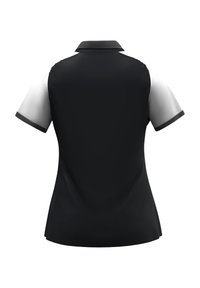 Polo a maniche corte con corpo nero e maniche e colletto bianchi, realizzato in tessuto leggero con accenti a contrasto.