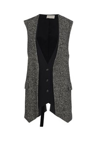 Gilet sans manches gris et noir avec un tissu texturé, décolleté en V profond, boutons sur le devant et poches à rabat, présentant un design ajusté.
