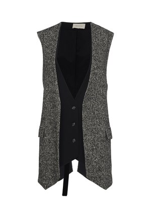 Gilet sans manches gris et noir avec un tissu texturé, décolleté en V profond, boutons sur le devant et poches à rabat, présentant un design ajusté.