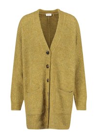Hořčičně žlutý žebrovaný kardigan s výstřihem do V, čtyřmi knoflíky, dvěma předními kapsami a dlouhými rukávy. Vyrobeno z měkké, texturované příze.