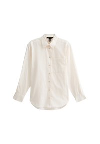 Vit långärmad skjorta i mjukt tyg, med krage, knappstängning och en bröstficka. Slät textur och avslappnad passform.