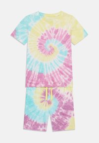 T-Shirt und Shorts Set mit Kurzärmeln in Pastellfarben: Blau, Pink und Gelb im Spiral-Design auf weichem Stoff mit elastischem Bund.