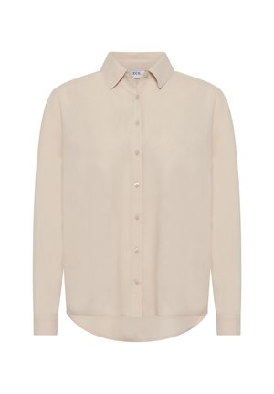 Chemise beige à boutons, avec un col, des manches longues et un ourlet incurvé. Fabriquée dans un tissu lisse avec un subtil éclat. Présente des boutons clairs.