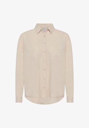 Beige Hemd mit Knopfleiste, Kragen, langen Ärmeln und abgerundetem Saum. Hergestellt aus einem glatten Stoff mit dezentem Glanz. Verfügt über helle Knöpfe.