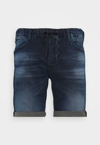 Farkkushortseja tummansinisessä sävyssä, haalistuneella designilla, elastisella vyötäröllä, säädettävällä nauhalla ja käännetyillä lahkeilla. Edessä on taskut.