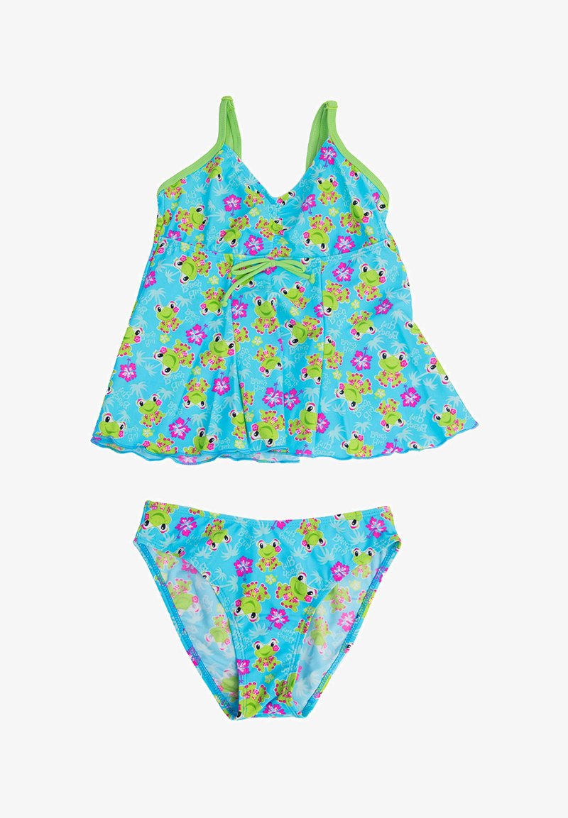 Dwuczęściowy strój kąpielowy dla dziewczynek z bezrękawową, rozszerzaną górą w wzory żab i kwiatów oraz dopasowanymi majtkami bikni w kolorze niebieskim i zielonym.